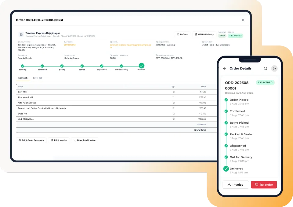 Kitchen Konnect delivery manager showing order assignment and delivery partner app